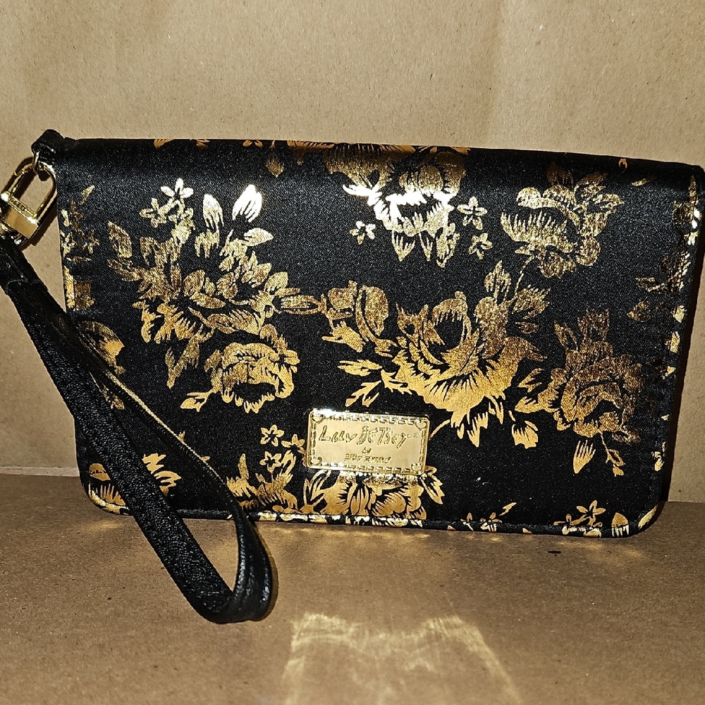 Betsy Johnson Black and Gold Floral Wristlet